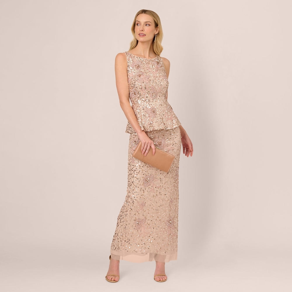 Adrianna PapellSleeveless Beaded Peplum Dress In Shell - Picture 5 of 9